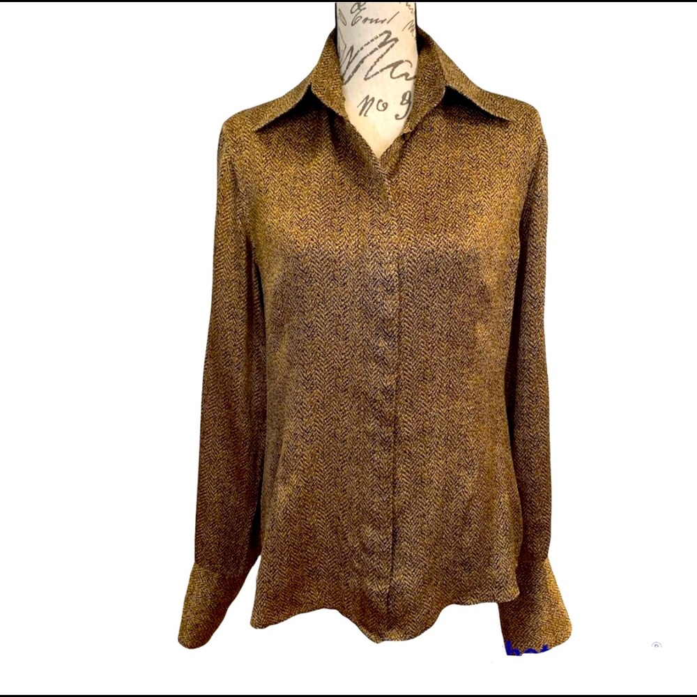 Anne Klein Brown Herringbone Button-Down Blouse